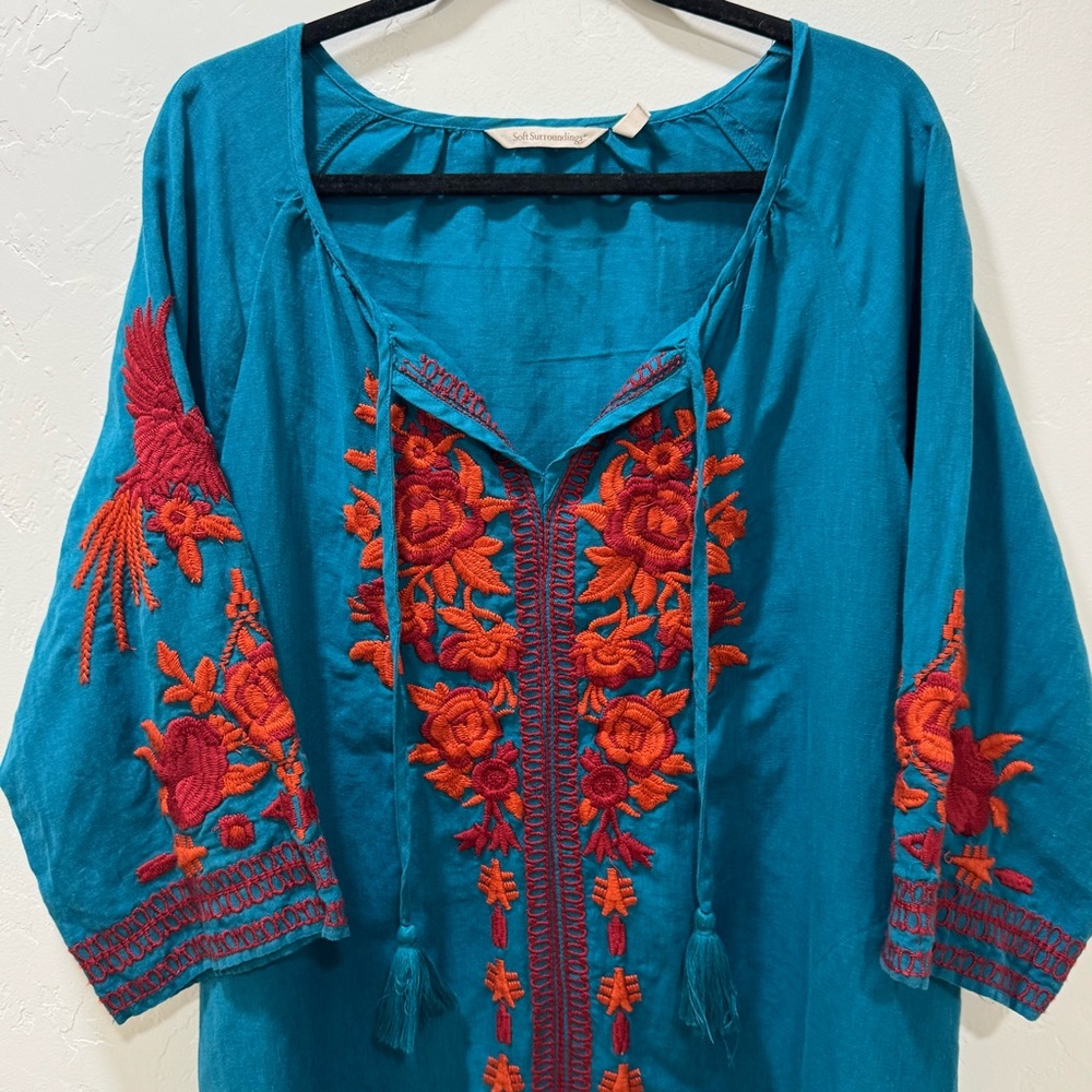 Soft Surrounding Women's 1X Cotton Linen Embroidered Tunic Dress Teal Orange - Picture 3 of 14